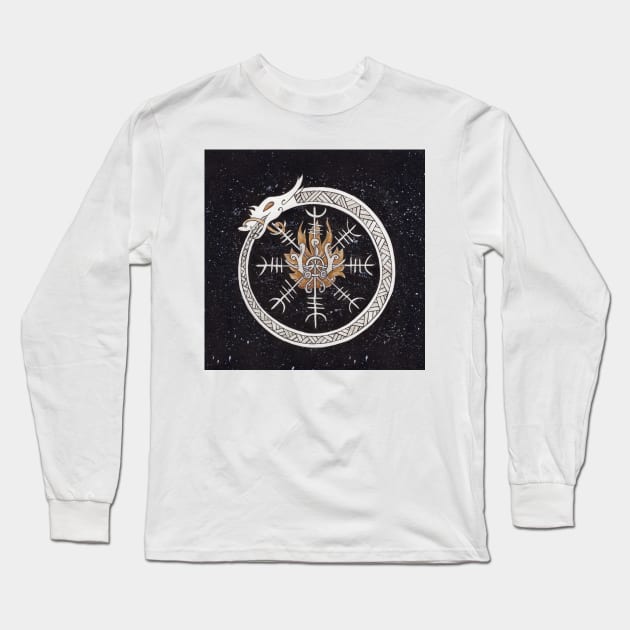 Loki Fire Aspect in the Circle of Jormungandr and the Helm of Awe. Victory and Sacrifice Symbols Long Sleeve T-Shirt by paintingbetweenbooks